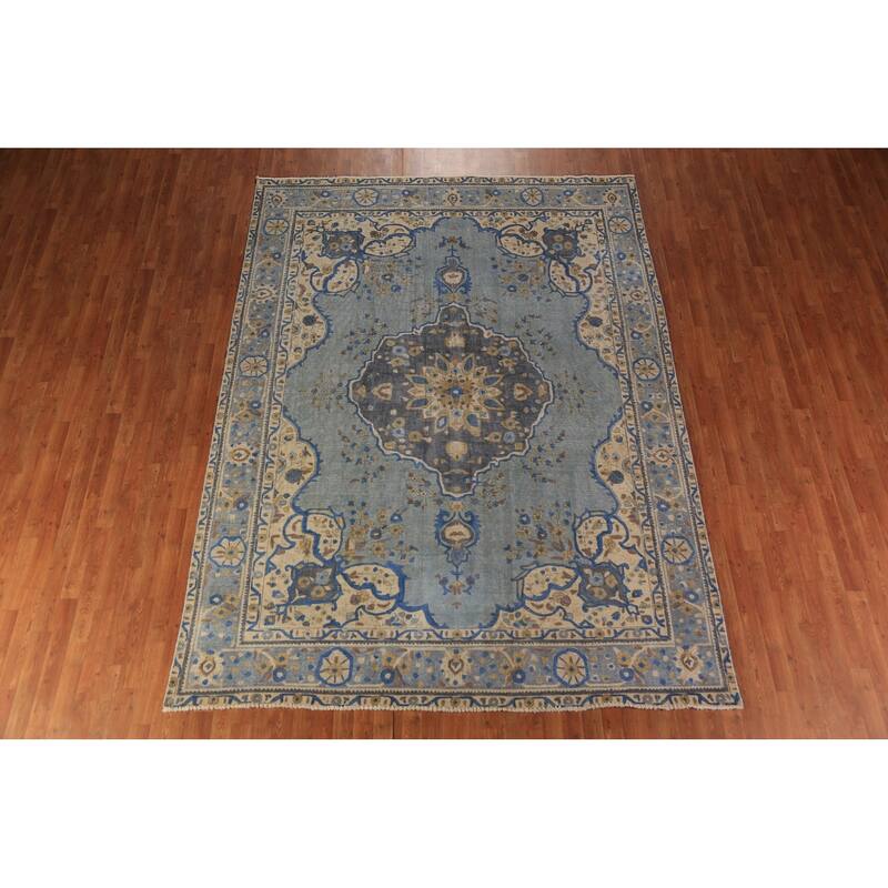 Blue Tabriz Persian Area Rug Oriental Floral Hand-Knotted Wool Carpet - 7'10"x 10'9"