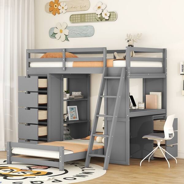 slide 2 of 28, Twin Over Twin Bunk Bed with LED Light & USB Ports, Drawers & Shelves Gray - Twin
