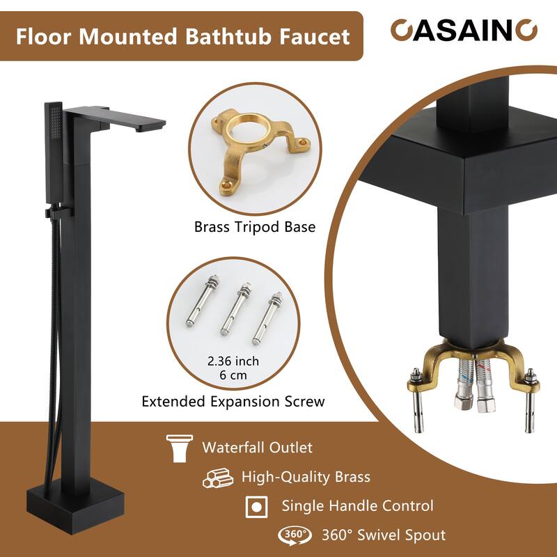 CASAINC Single-Handle Freestanding Floor-Mount Roman Tub Faucet with Hand Shower