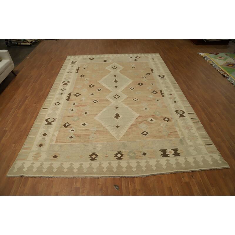 Hand Woven Oriental 100% Wool Carpet Southwestern Tribal Oranges & Rust Kilim Area Rug - 13' 2'' X 9' 4''
