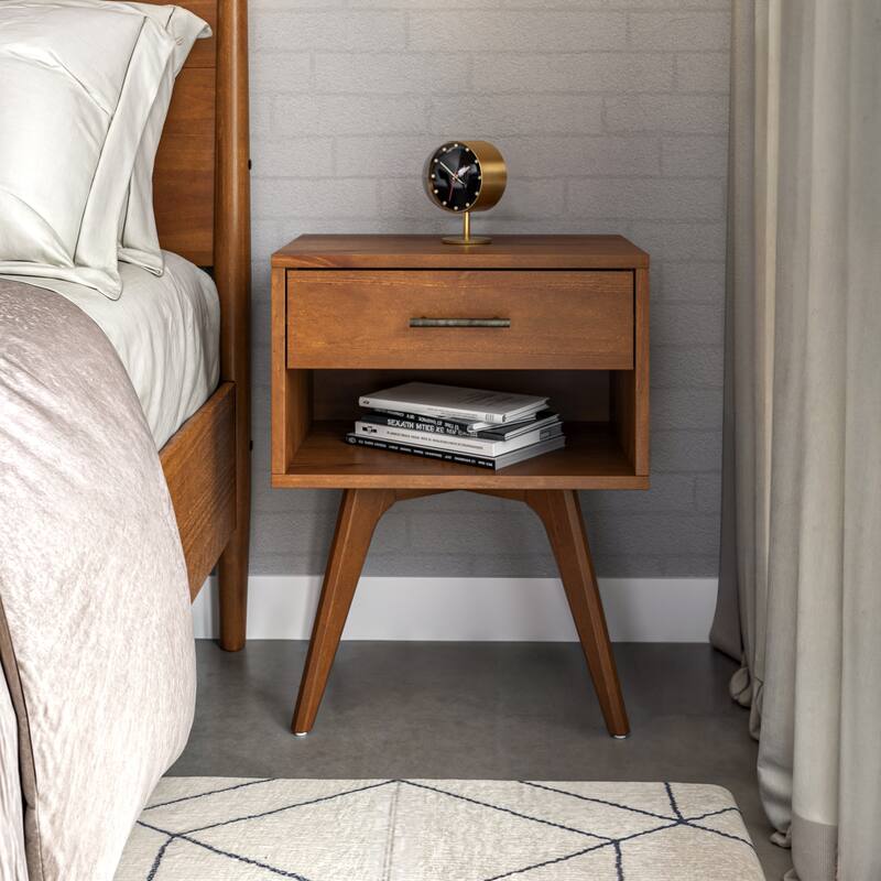 Mid Century Modern One Drawer Nightstand - White Finish - Brown