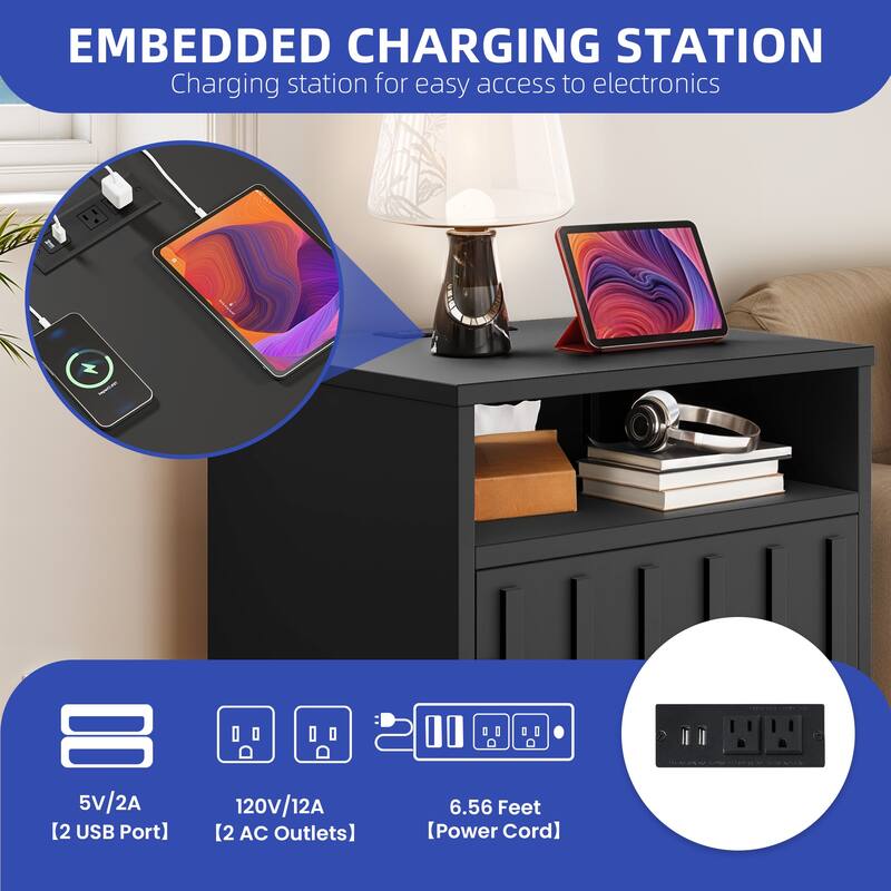 Moasis Set of 2 Black Nightstand with Embedded USB & AC Charging Station