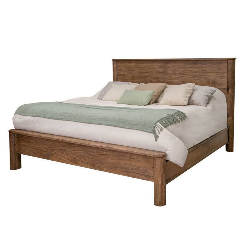 Olum Queen Size Bed, Mango Wood, Grain Details, Rounded Edges, Rustic Brown