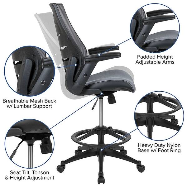 Offex High Back Mesh Spine Back Ergonomic Drafting Chair With Adjustable Foot Ring And Adjustable Flip Up Arms Dark Gray On Sale Overstock 29547979