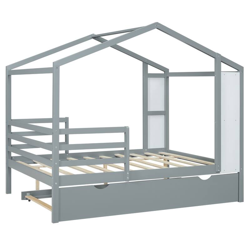 Wood House Bed with Fence and Writing Board