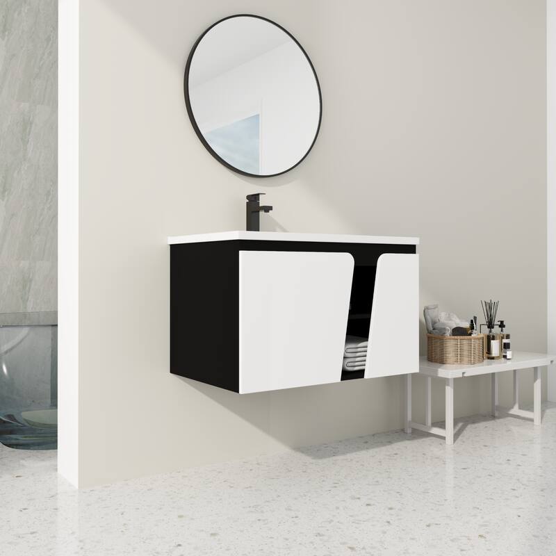 32' Floating Wall-Mounted Bathroom Vanity With Single Sink - White+Black