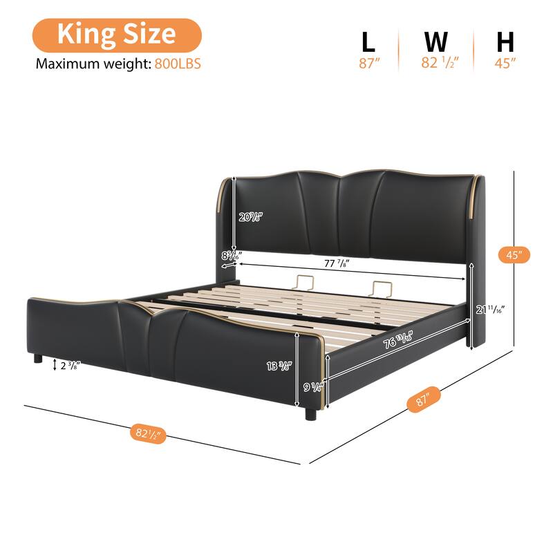 Modern King Size Upholstered Bed Frame with Wingback Headboard & Wavy Footboard, No Box Spring Needed, Black
