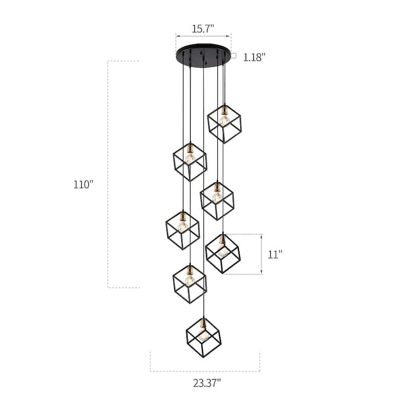 7 - Light Cluster Geometric Staircase Pendant, Adjustable Height Stairway Chandelier