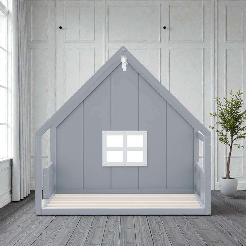 Full Size Wood House Bed with Window, Fence and LED Lights, Rustic Kids Floor Bed Frame