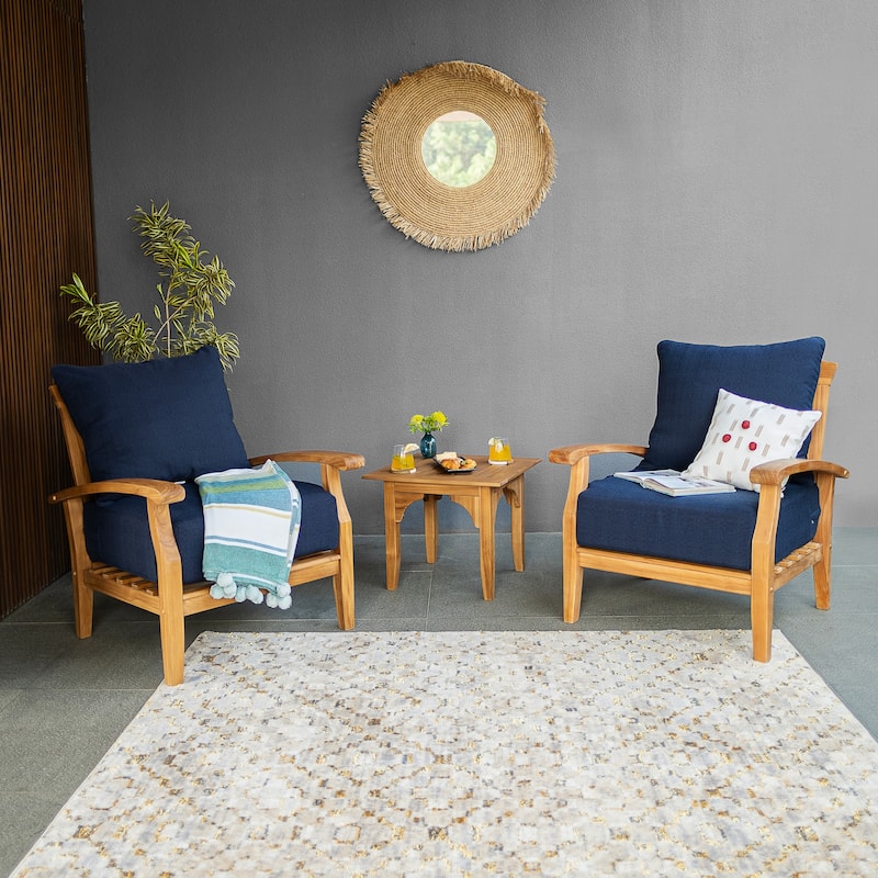 Cambridge Casual Leon 3-piece Teak Patio Chat Set with Cushions - Natural Teak/Navy Cushion