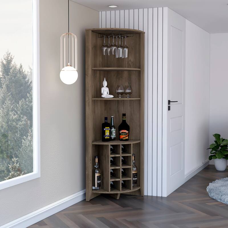 Modern Corner Bar Cabinet with 8 Wine Storage Racks, 3 Shelves, and Side Storage Shelves - Walnut