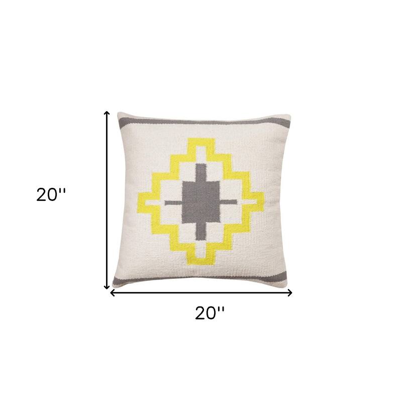 20" X 20" Gray White And Yellow 100% Cotton Geometric Zippered Pillow - 20.00 in. x 20.00 in. x 4.00 in.