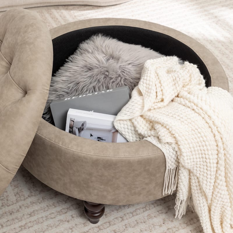 SEYNAR 29.5''Modern PU Leather Round Storage Ottoman with Wood Legs