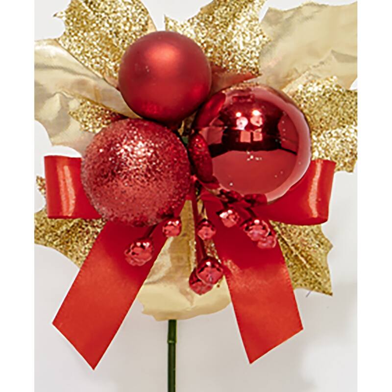 7" Christmas Ball Berry Leaves Pick, Red, Set of 12 - 7