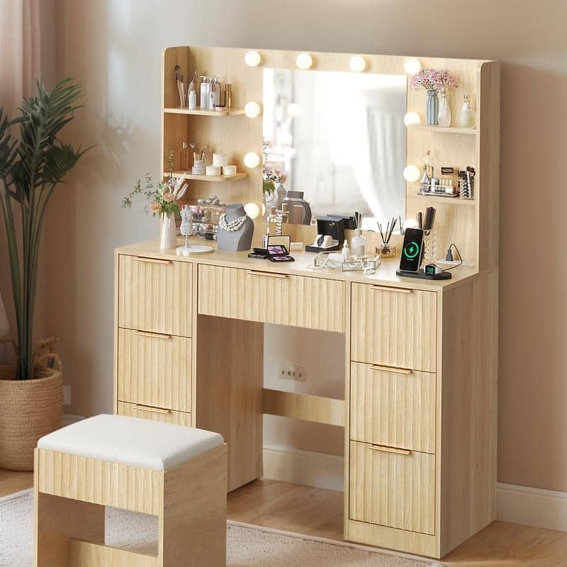 Particle Board Laminated with Textured Melamine, 7-Drawer 4-Tier Shelf, with 10 Three-Color Dimmable Bulbs, Dressing Table Set - Beige