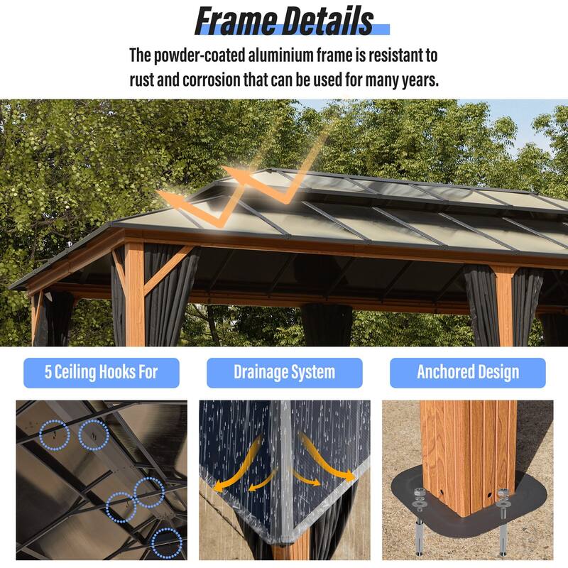 EROMMY Outdoor Wood Gazebo with Double Polycarbonate Roof, Heavy Duty Backyard Patio Pergola Canopy for Garden Shade