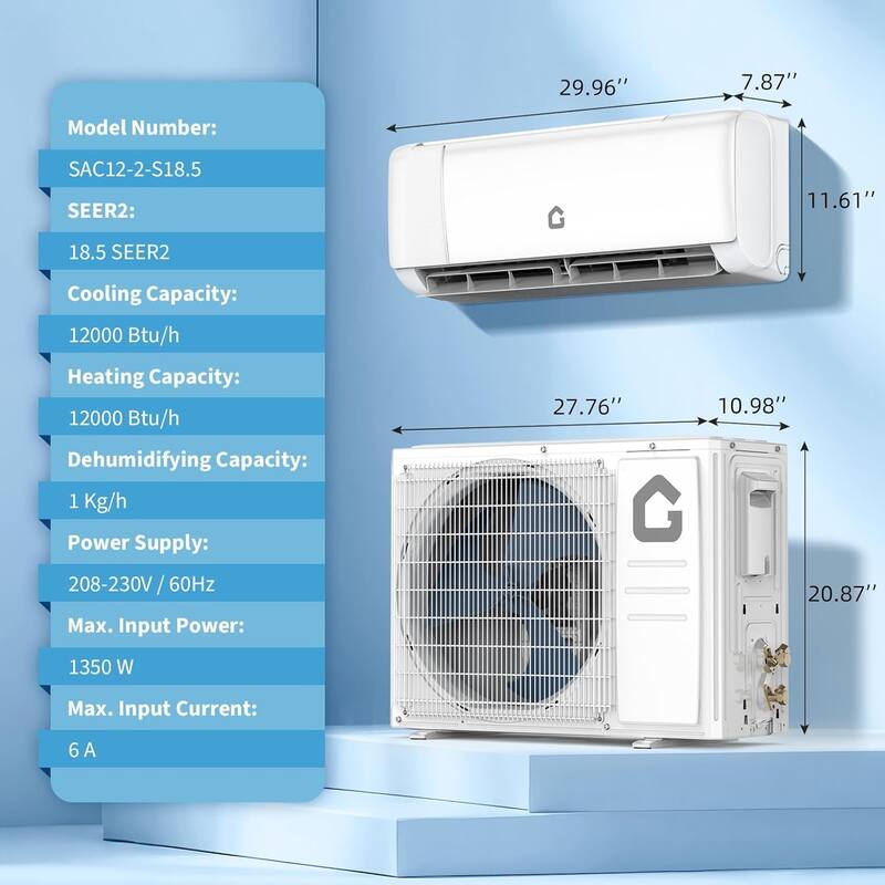 12000 BTU Mini Split Air Conditioner, 18.5 SEER2 208-230 V Split Unit Ac and Heat Cool Up to 750 Sq.Ft, Ductless Air - White