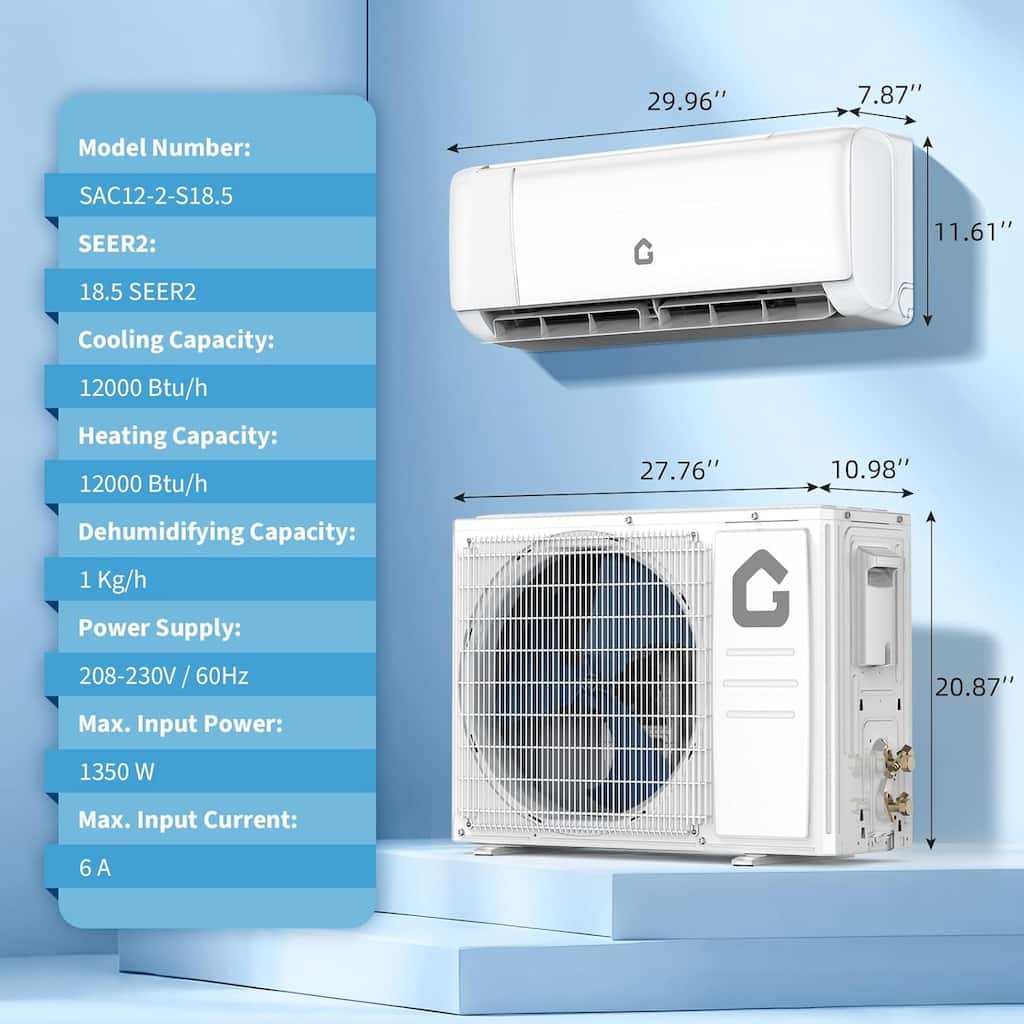 12000 BTU Mini Split Air Conditioner, 18.5 SEER2 208-230 V Split Unit Ac and Heat Cool Up to 750 Sq.Ft, Ductless Air
