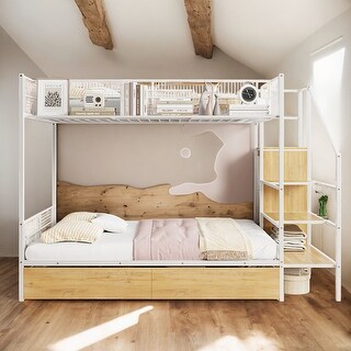 Twin Over Full Bunk Bed with Wardrobe and Storage,Kids Bed Design