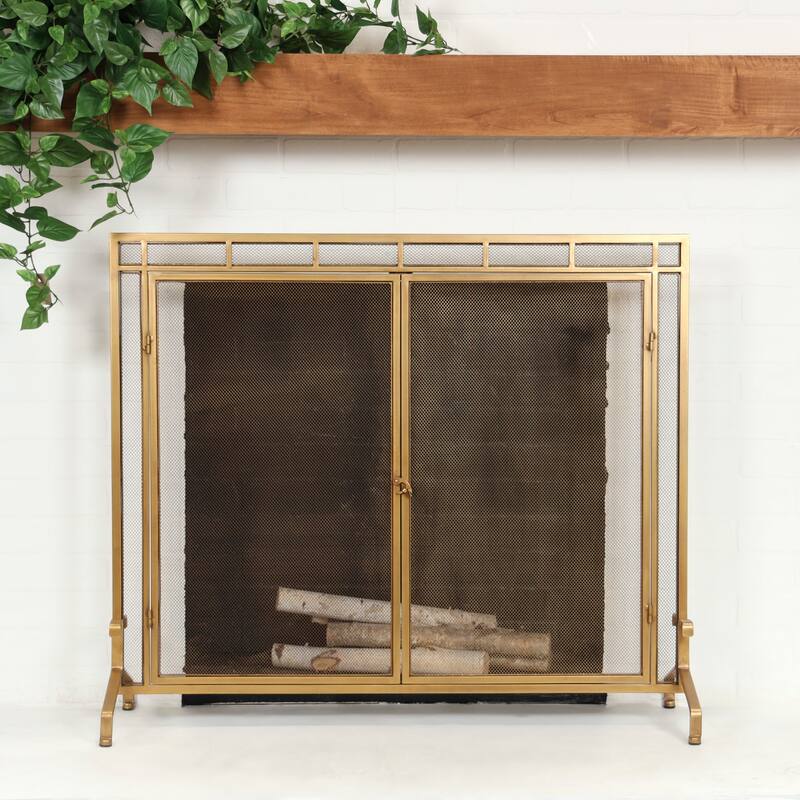 Metal Geometric Single Panel Fireplace Screen with Latched Doors and Arched Feet - Gold - Roche River Decor - 13"Wx39"Lx34"H