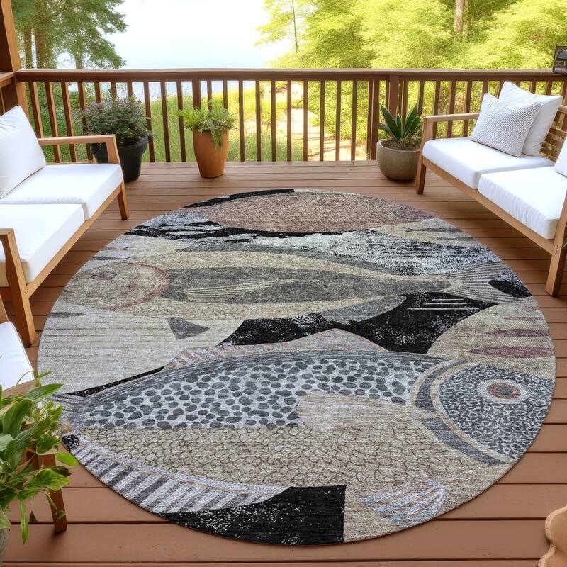 Machine Washable Indoor/ Outdoor Modern Fish Chantille Rug - Black - 8' x 8'