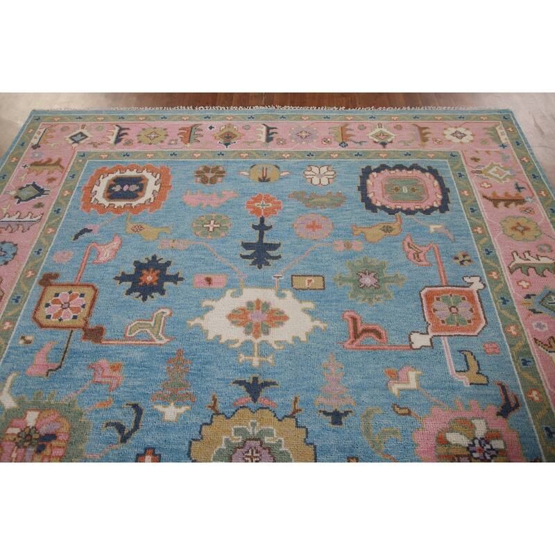 Light Blue & Pink Oushak Oriental Area Rug Wool Carpet - 7'10"x 9'9"