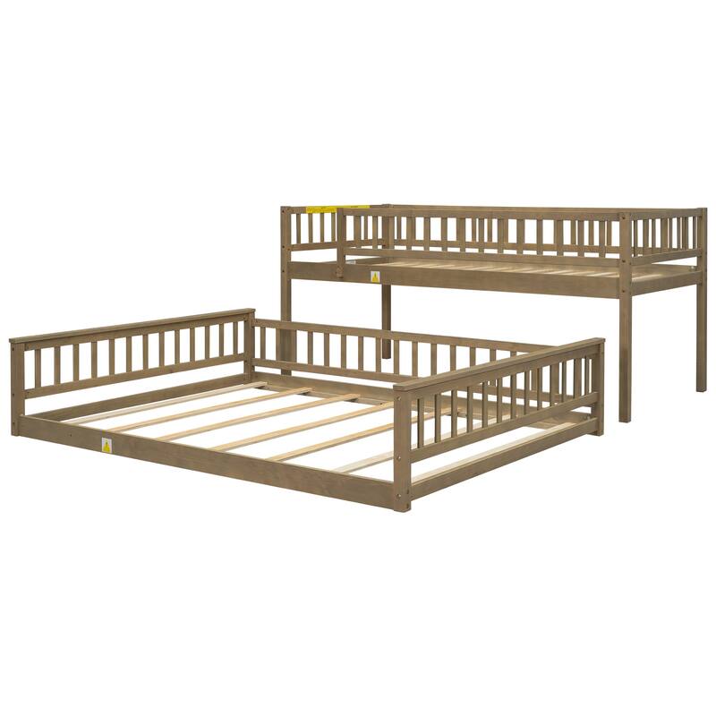 Twin XL over Queen Bunk Bed with Ladder and Guardrails in Walnut Finish