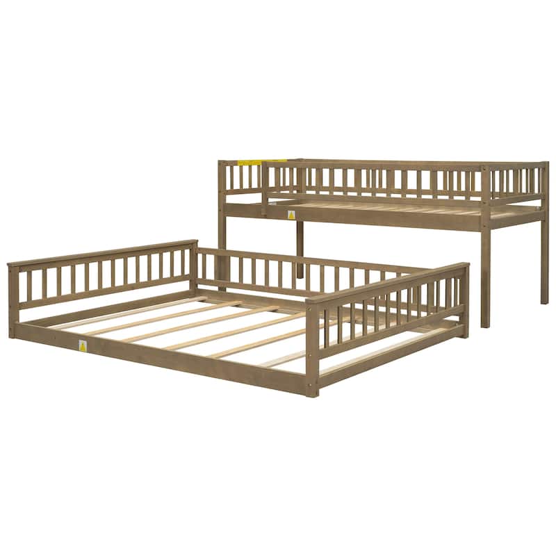 Wood Bunk Bed Twin XL over Queen Pine Bed Frame, Detachable Bunk Bed with Safety Guardrail and Ladder for Kids Teens Adults