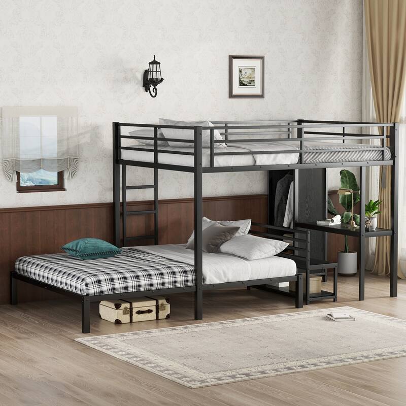 Roomfitters Queen over Queen Metal Bunk Bed with Built-in Wardrobe, Desk & Storage Chairs, Space-Saving Frame, Black