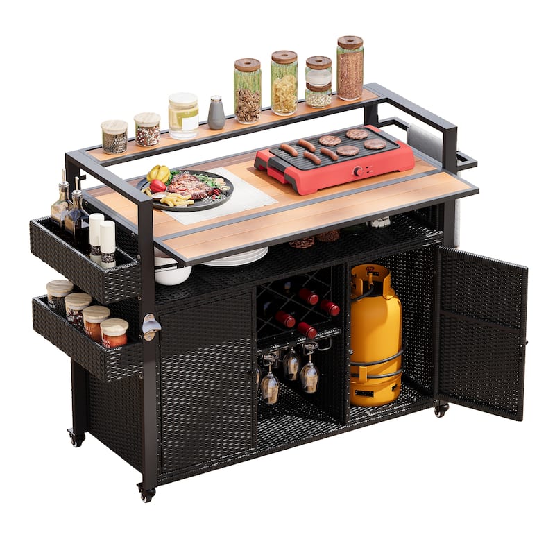 52.8"W Wicker Outdoor Grill cart with Extended Plastic Wood Table Top, Rolling Kitchen Island on Wheels with Storage Cabinet