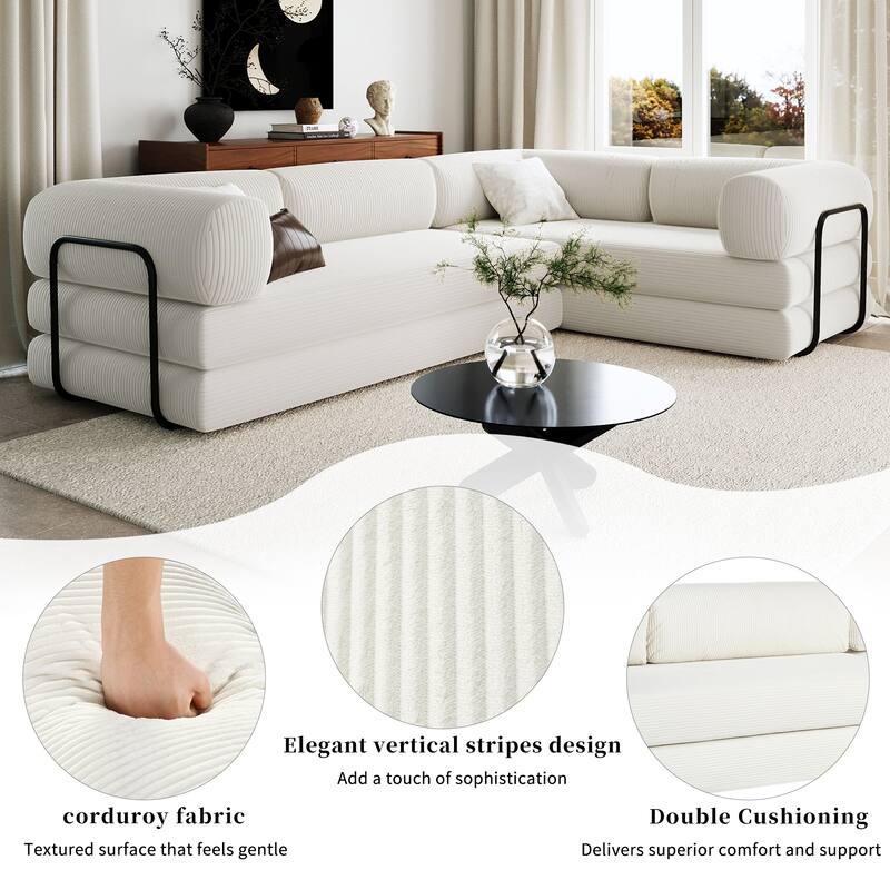 L-Shaped Corduroy Polyester Sofa Bed, Beige, 115x79x30 inches, 162 lbs