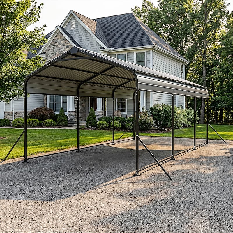 Steel Carport with Reinforced Frame, Windproof Ground Anchors - 15 x 10 FT-Dark gray