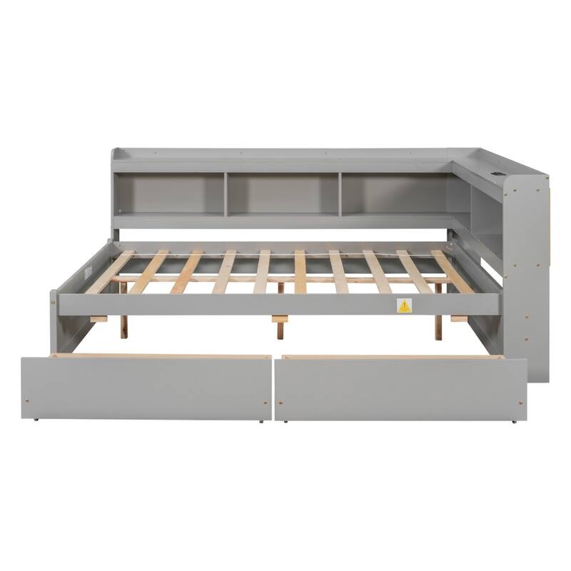 Full Size L-shaped Bookcases Bed with Power Outlets, USB Charging Ports and Two Drawers