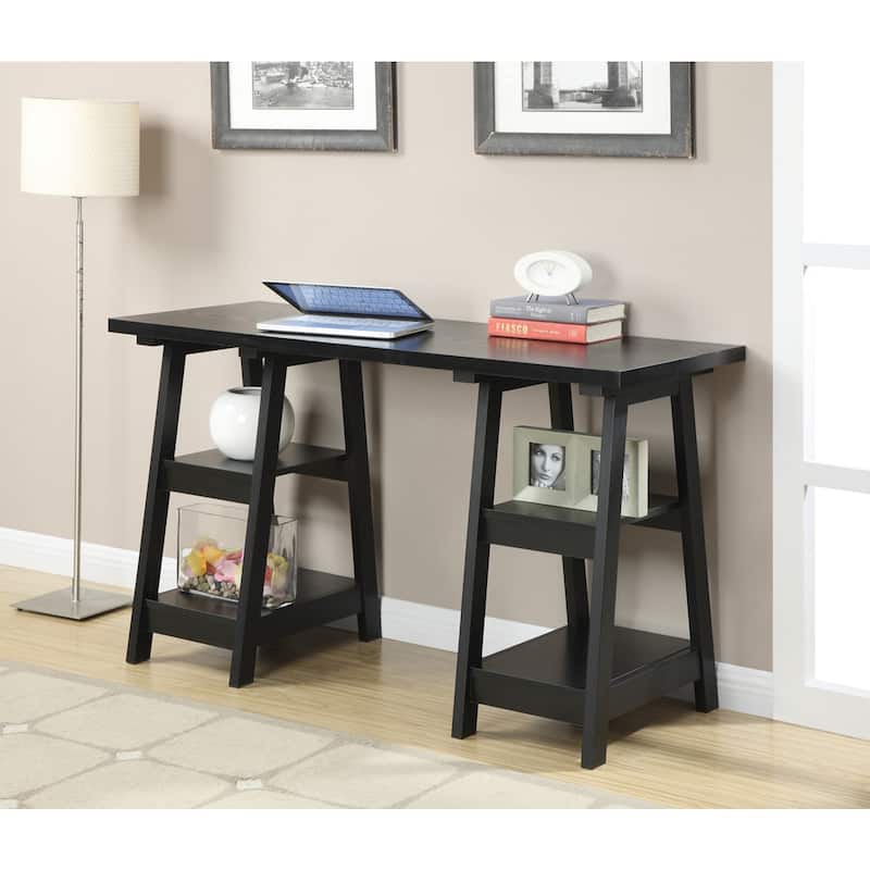 Double Desk With Storage Shelves - Large Home Office Desk - Black Workstation For Study & Computer