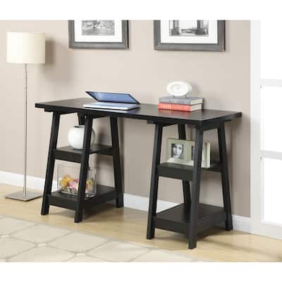 Double Desk With Storage Shelves - Large Home Office Desk - Black Workstation For Study & Computer