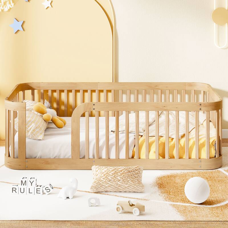 Floor Bed Frame with Fence, Montessori Toddler Bed, No Slats, No Doors, Rounded Corners Wooden Bed