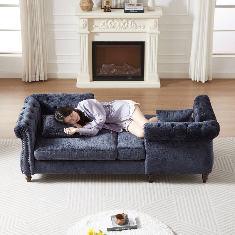 81-inch Chenille Face-to-face Chaise Lounge with Two Pillows,Nailhead trim,Button Tufted Design and Rolled Arms