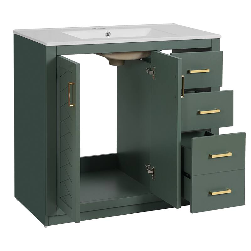 Freestanding Geometric Pattern Bathroom Vanity Solid Wood Frame Storage Cabinet with Sink, 3 Drawers and Soft Closing Doors