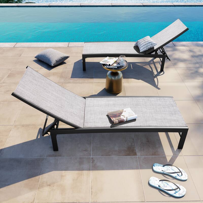 Outdoor Adjustable Aluminum Chaise Lounge Chairs for Patio Pool Terrace - See Picture - Earth Fabric, Black Frame