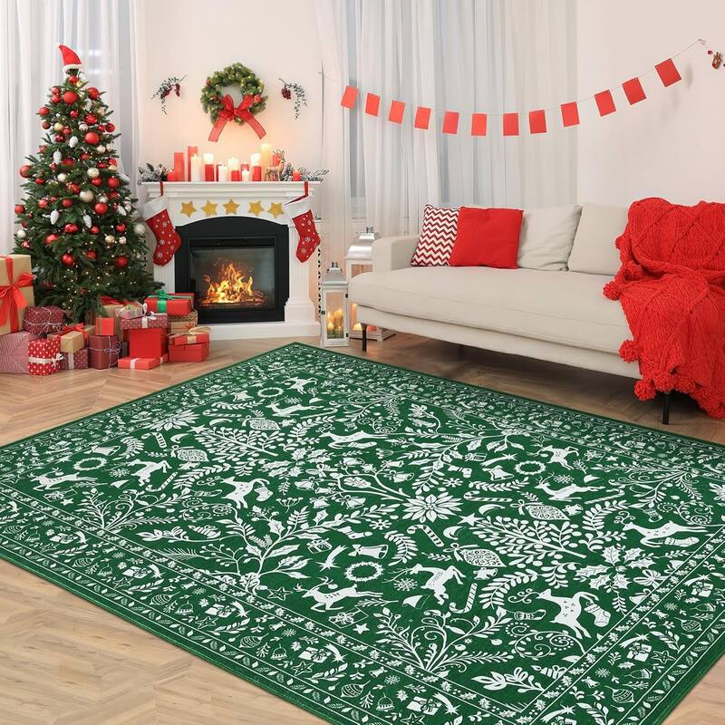 Christmas Non Shedding Xmas Decorative Throw Rug for Living Room, Bedroom, Green