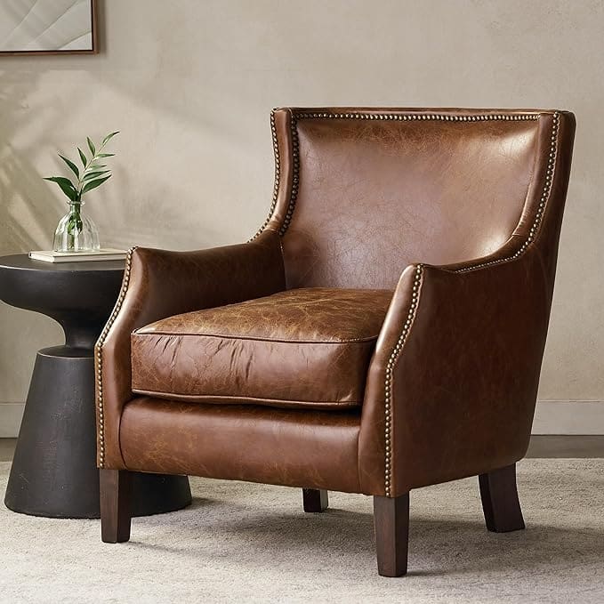 Leather Single Sofa Chair Mid-Century Modern Upholstered Armchair with Wooden Legs, Rivet Trim for Living Room, Bedroom
