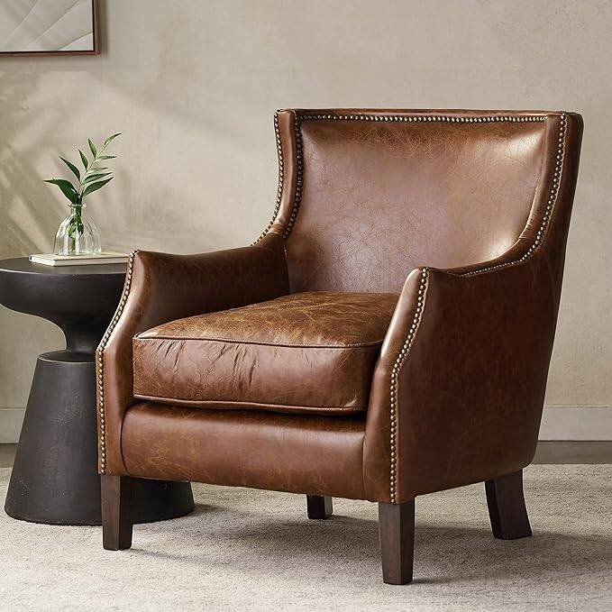 Modern 29.25" Genuine Leather Upholstered Accent Chair with Rubber Wood Legs and Nailheads for Living Room