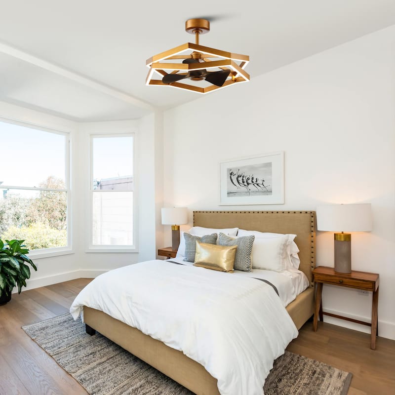 31" Antique Brass Geometric Dimmable Fandelier Caged Ceiling Fan with Light and Remote