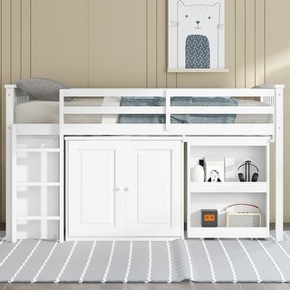 Twin Loft Bed with Built-in Desk Storage Cabinets Shelves and Drawers Wood Frame with Guardrail