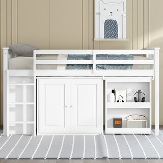 Twin Loft Bed with Pull-Out Desk, Built-in Cabinets, Drawers, Shelves, and Safety Guardrail, Solid Rubber Wood Frame with Ladder
