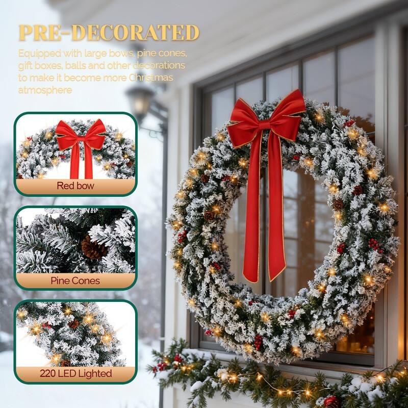 Pre-lit Snow Flocked Christmas Wreath, Lighted Artificial Xmas Wreath with Lights and DIY Ornaments, for Xmas Party Decorations