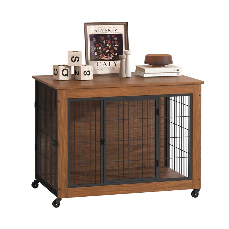 38.6" Dog Crate Furniture with Wheels for Small Dogs, Heavy Duty Dog Kennel Indoor with 2 Doors, Wooden Pet Cage End Table