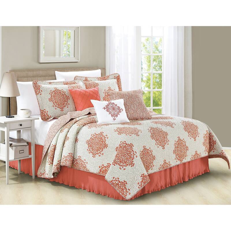 Serenta 6-piece Chelsea Printed Microfiber Quilts Coverlet Set - Coral - Queen