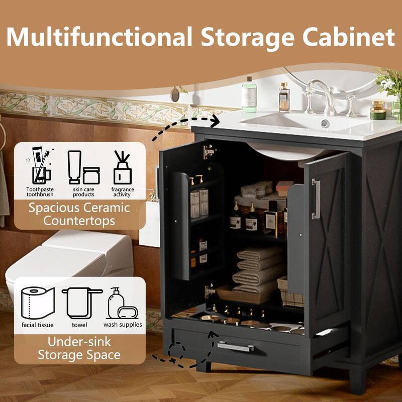 30" Bathroom Vanity - Solid Wood Frame, Single Sink, 2 Soft-Close Doors, Divided Drawer & Dual Storage Shelves
