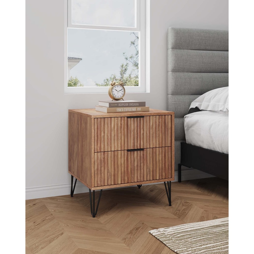 Manhattan Comfort Dumbo Mid Century Nightstand with 2 Drawer and Metal Feet.